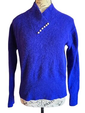 Women's Royal Blue Lambswool Angora Crew Sweater with Pearl Accent S